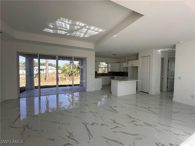 unfurnished living room featuring sink and a raised ceiling