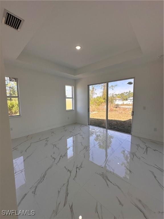 unfurnished room with plenty of natural light and a tray ceiling