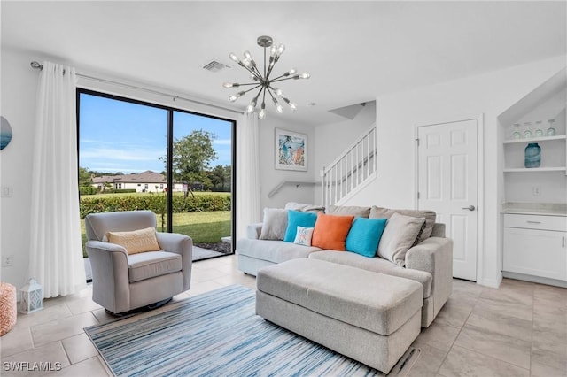 tiled living room with a notable chandelier and built in features