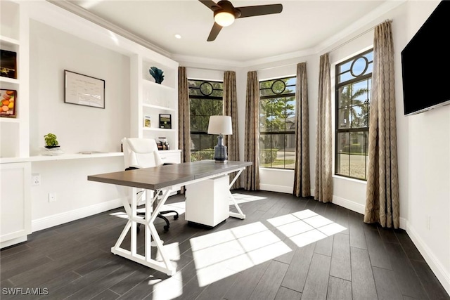 office with ceiling fan, a healthy amount of sunlight, ornamental molding, and dark hardwood / wood-style flooring