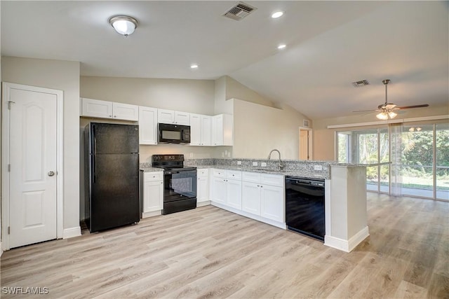 kitchen featuring black appliances, white cabinets, sink, ceiling fan, and kitchen peninsula