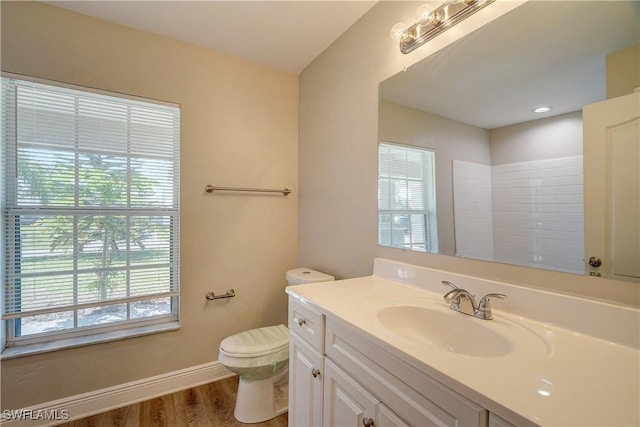 bathroom featuring hardwood / wood-style flooring, vanity, and toilet