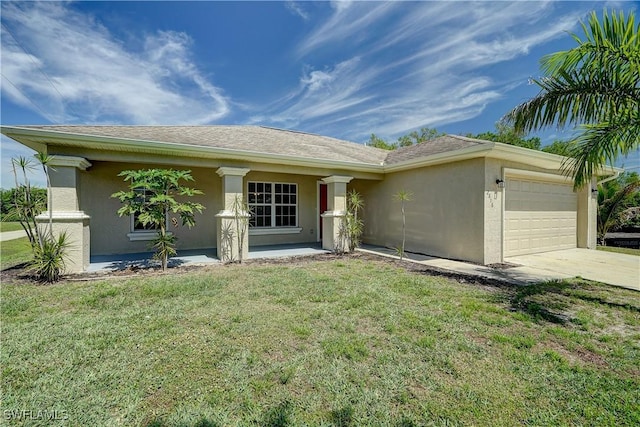 ranch-style home with a garage and a front lawn