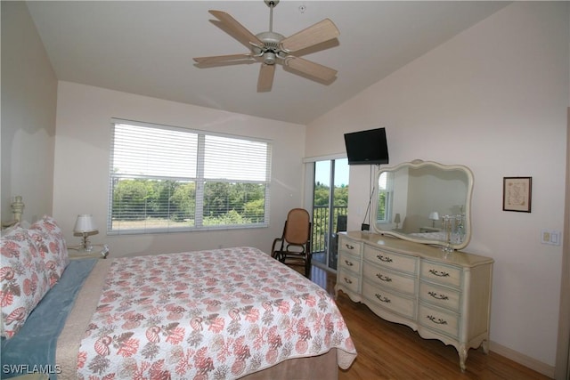 4009 Palm Tree Blvd Unit 403, Cape Coral, FL 33904 - bedroom with ceiling fan, vaulted ceiling, access to exterior, and wood finished floors