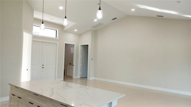 kitchen with visible vents, pendant lighting, light stone counters, recessed lighting, and white cabinetry