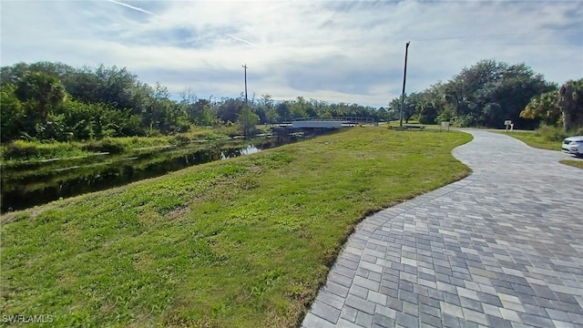 view of community with a water view and a yard