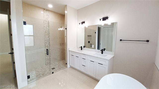 bathroom featuring vanity, separate shower and tub, and tile patterned flooring