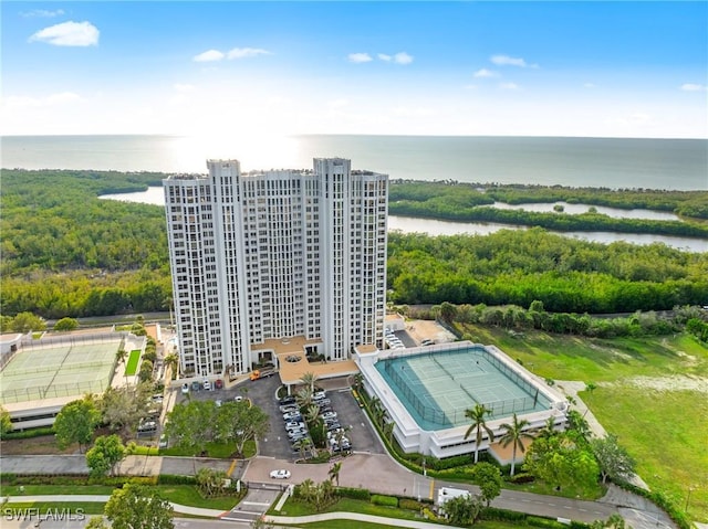 drone / aerial view with a water view