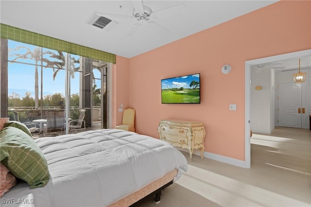 bedroom featuring ceiling fan and access to outside