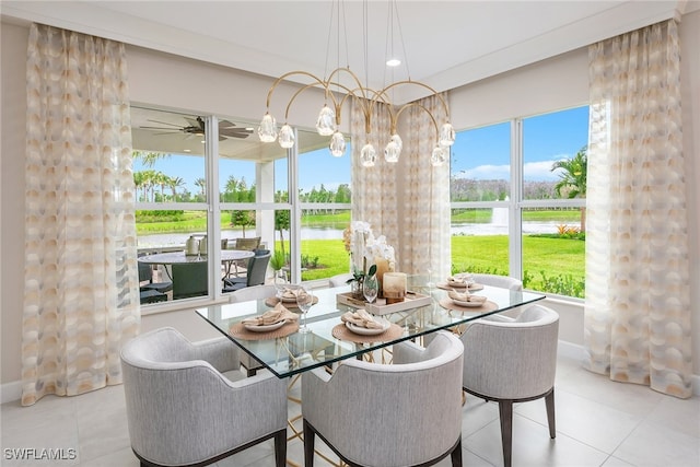 tiled dining area featuring ceiling fan and a water view