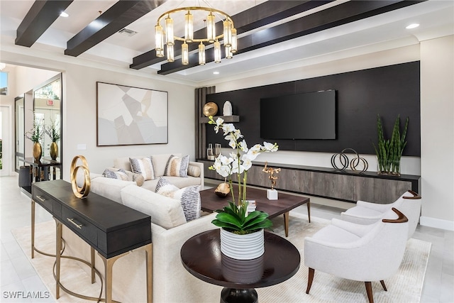 living room featuring beamed ceiling and an inviting chandelier