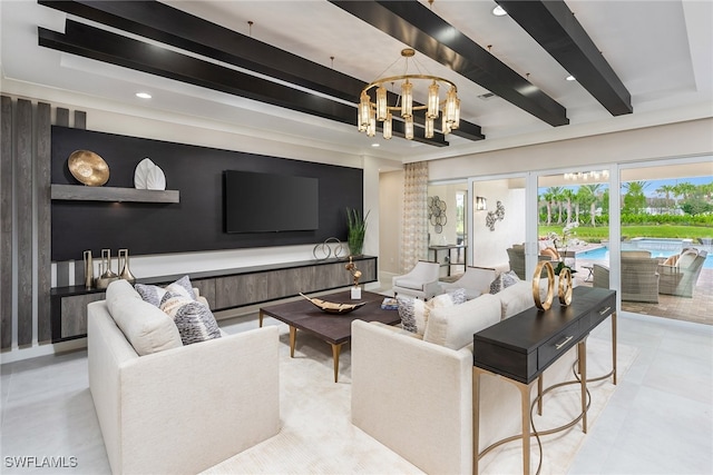 living room featuring beam ceiling and a notable chandelier