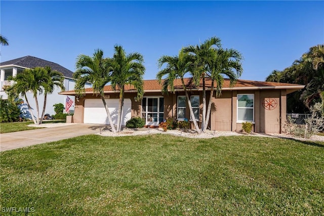 ranch-style home featuring a garage and a front lawn