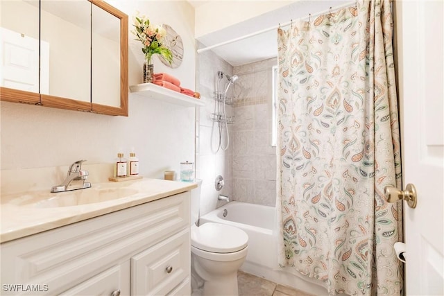 full bathroom featuring shower / bath combination with curtain, vanity, toilet, and tile patterned floors