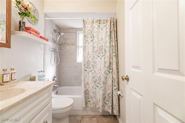 full bathroom featuring tile patterned flooring, shower / bath combo, vanity, and toilet