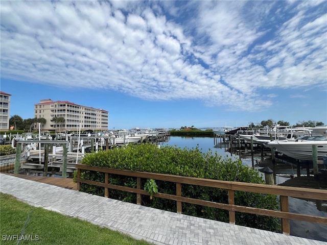 view of dock with a water view