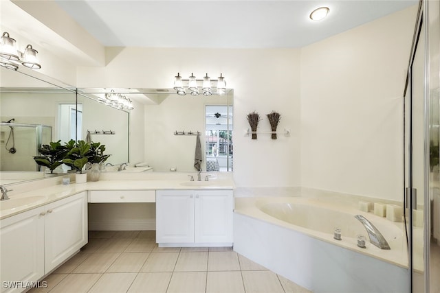 bathroom with tile patterned floors, vanity, and plus walk in shower