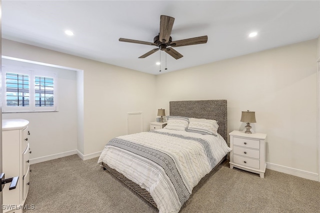 carpeted bedroom featuring ceiling fan