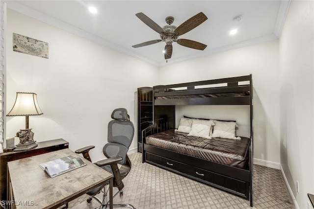 bedroom with ceiling fan, crown molding, and light colored carpet