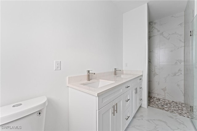 bathroom with tiled shower, vanity, and toilet