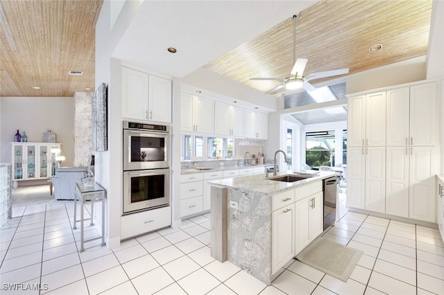 kitchen with white cabinetry, sink, wood ceiling, and stainless steel appliances