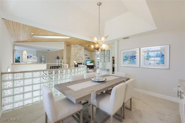 dining area featuring light carpet, a notable chandelier, wooden ceiling, and lofted ceiling