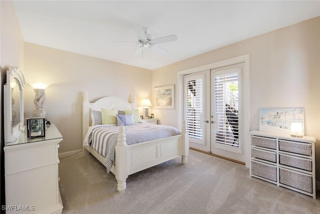 bedroom with french doors, ceiling fan, access to exterior, and carpet floors