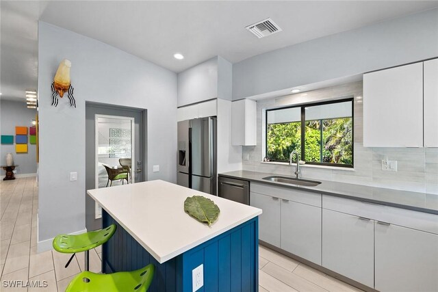 kitchen featuring sink, stainless steel appliances, a kitchen island, tasteful backsplash, and white cabinets