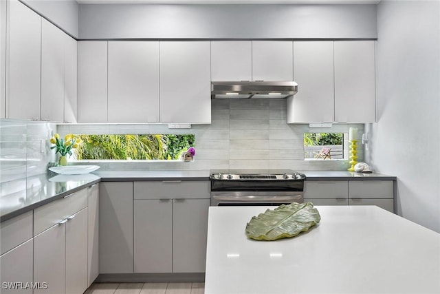 kitchen featuring stainless steel electric range and backsplash