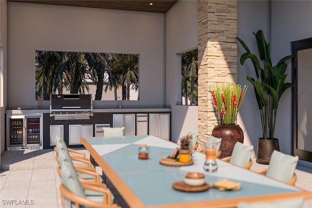 tiled dining room with wine cooler