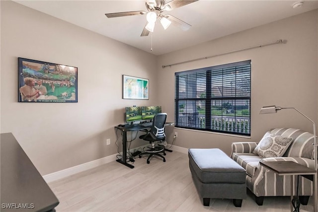 office area with ceiling fan and light hardwood / wood-style flooring