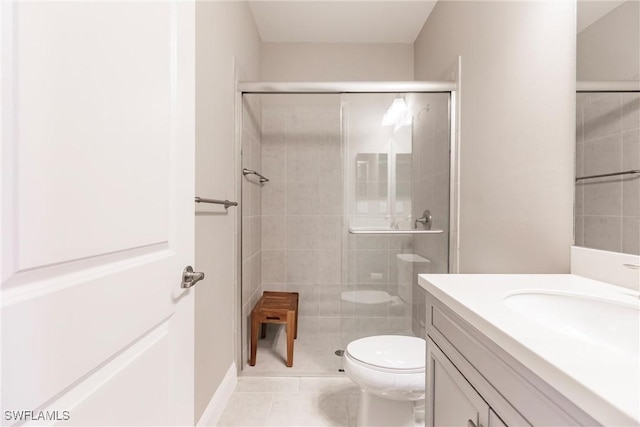 bathroom with walk in shower, tile patterned flooring, vanity, and toilet