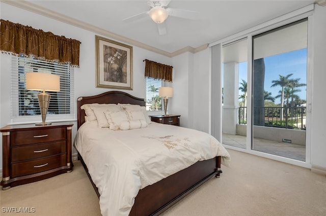 bedroom with access to exterior, light carpet, ceiling fan, and crown molding