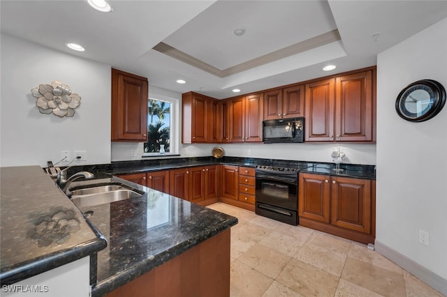 kitchen featuring kitchen peninsula, sink, a raised ceiling, and black appliances