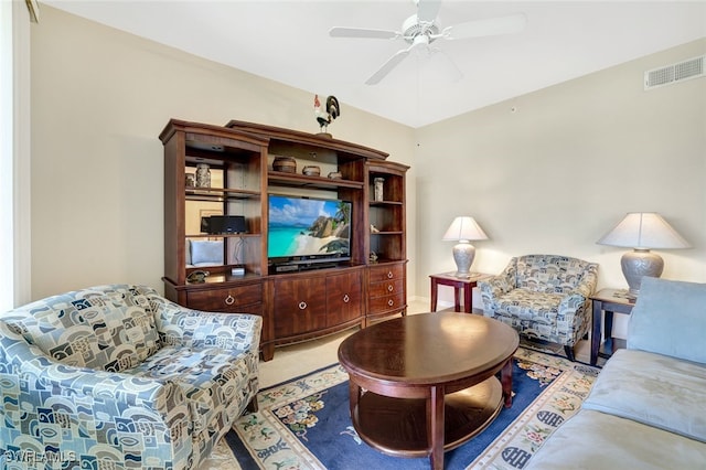 living room featuring ceiling fan