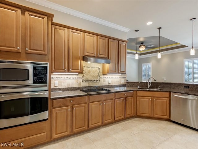 kitchen featuring pendant lighting, appliances with stainless steel finishes, sink, ornamental molding, and a tray ceiling