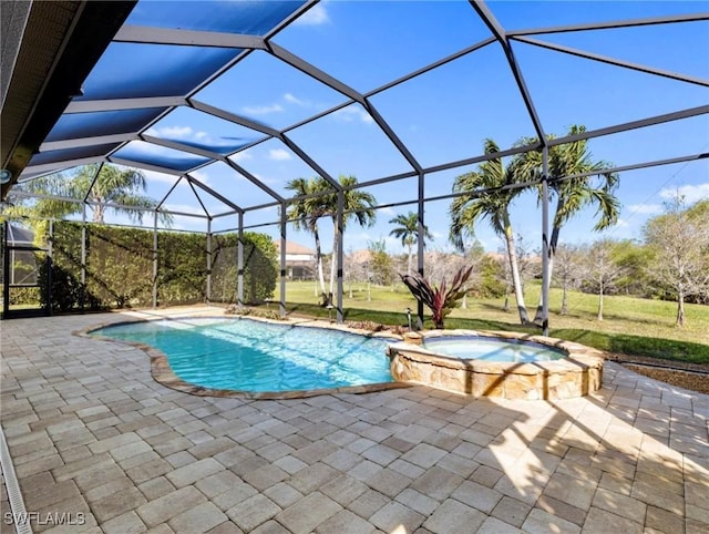 view of swimming pool featuring glass enclosure, an in ground hot tub, and a patio