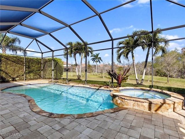 view of pool featuring a lanai, a patio, and an in ground hot tub