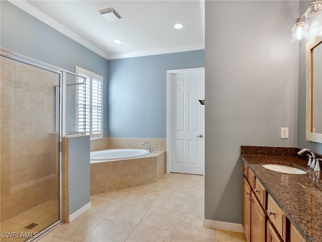 bathroom featuring vanity, tile patterned flooring, ornamental molding, and shower with separate bathtub