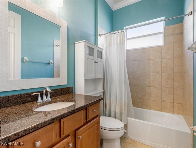 full bathroom with toilet, shower / tub combo with curtain, tile patterned flooring, ornamental molding, and vanity