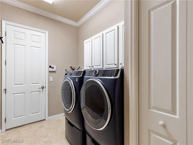 laundry room with light tile patterned floors, cabinets, ornamental molding, and independent washer and dryer