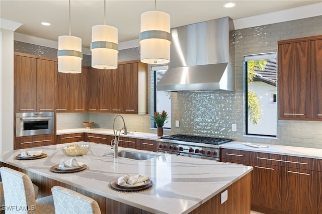 kitchen featuring backsplash, wall chimney exhaust hood, sink, and appliances with stainless steel finishes