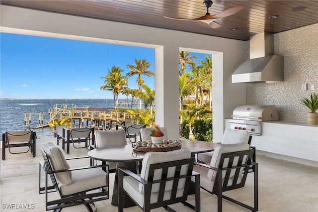 view of patio featuring ceiling fan, area for grilling, and a water view