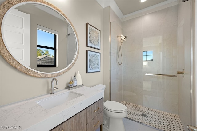 bathroom featuring an enclosed shower, vanity, and toilet