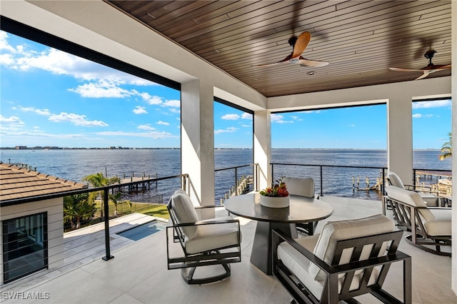 view of patio / terrace featuring ceiling fan, a water view, and a balcony