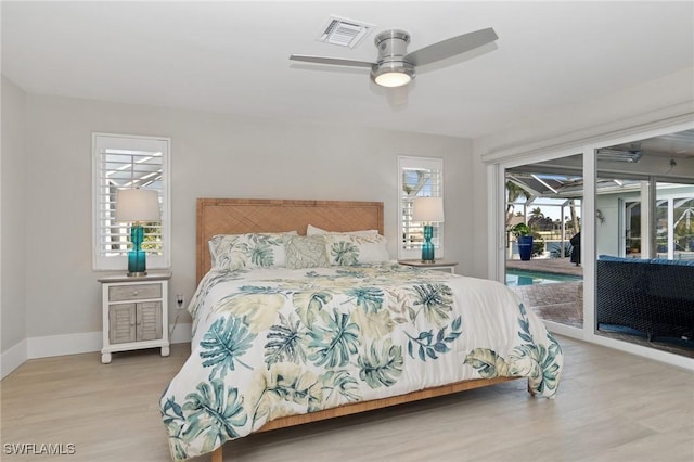 bedroom with access to outside, ceiling fan, and light wood-type flooring