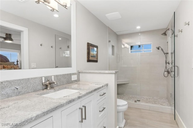 bathroom featuring vanity, toilet, and a shower with door