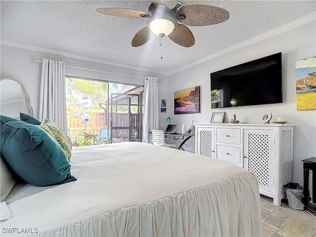 bedroom featuring access to exterior, ceiling fan, a textured ceiling, and ornamental molding