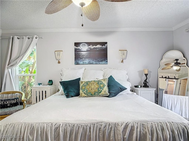 bedroom with ceiling fan, crown molding, and a textured ceiling