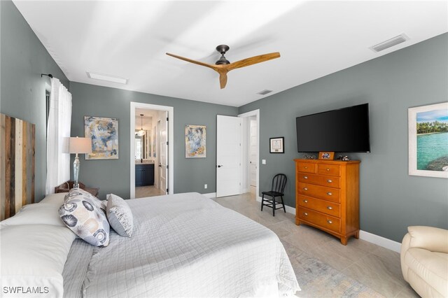 bedroom with connected bathroom and ceiling fan